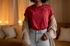 Woman wearing red shirt and jeans casual Product Image 1
