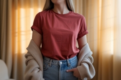 Woman wearing rust t shirt and jeans image Product Image 1