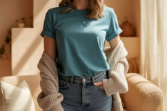 Teal shirt denim jeans cardigan image Product Image 1