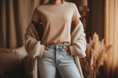 Beige shirt light jeans knitted cardigan image Product Image 1