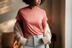 Woman wearing coral t shirt and cream cardigan image Product Image 1