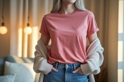 Coral pink t shirt and blue jeans mockup Product Image 1