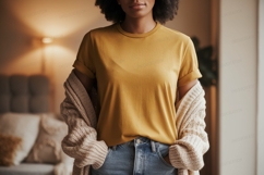 Woman wearing mustard yellow t shirt and blue jeans Product Image 1