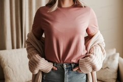 Woman wearing pink shirt blue jeans cardigan image Product Image 1