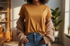 Woman wearing mustard t shirt and cardigan image Product Image 1