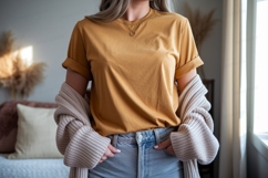 Woman wearing mustard t shirt and jeans image Product Image 1