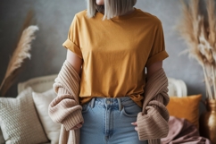 Mustard tee light denim jeans knitted cardigan image Product Image 1