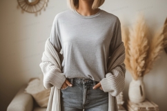 Grey tee denim cardigan casual Product Image 1