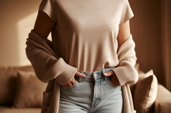 Woman wearing beige shirt light blue jeans and cardigan Product Image 1