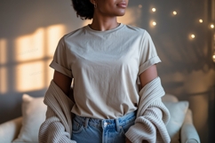 Woman wearing beige t shirt and jeans image Product Image 1