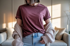 Maroon t shirt light jeans cardigan image Product Image 1