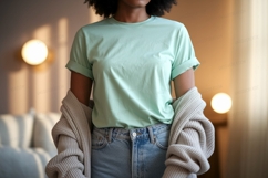 Woman wearing mint t shirt and jeans image Product Image 1