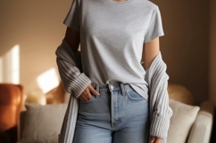 Grey t shirt blue jeans cardigan image Product Image 1