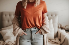 Orange shirt denim jeans knit cardigan image Product Image 1