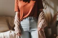 Terracotta shirt light jeans pink cardigan image Product Image 1