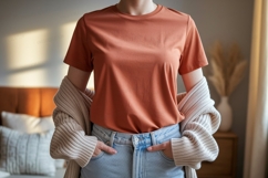 Terracotta tee light wash denim casual outfit image Product Image 1
