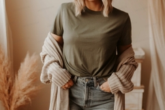 Olive green t shirt and beige cardigan Product Image 1