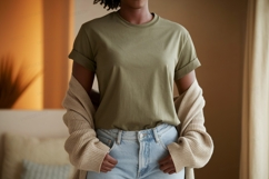 Olive t shirt light jeans cardigan image Product Image 1
