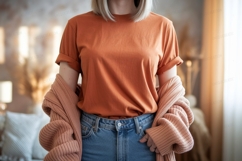 Orange shirt blue jeans peach cardigan image Product Image 1