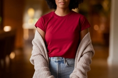 Woman wearing red shirt and beige cardigan image Product Image 1