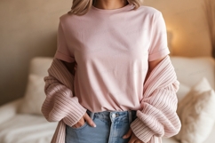 Pink shirt denim jeans cardigan t-shirt Product Image 1