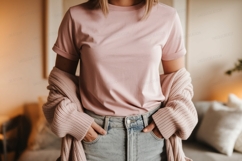 Pink shirt denim jeans cardigan image Product Image 1