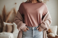 Woman wearing pink shirt and cardigan jeans Product Image 1