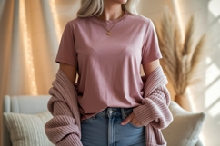 Dusty rose t shirt and pink cardigan mockup image Product Image 1