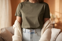 Olive green t shirt light denim jeans cream cardigan Product Image 1