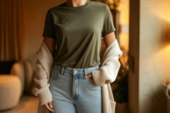 Olive green t shirt light blue jeans cream cardigan Product Image 1