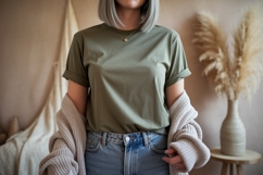 Olive green t shirt casual outfit image Product Image 1