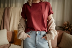 Maroon shirt light jeans cardigan image Product Image 1
