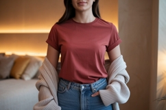 Woman wearing red t shirt and blue jeans image Product Image 1
