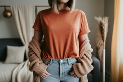 Orange shirt blue jeans cardigan image Product Image 1