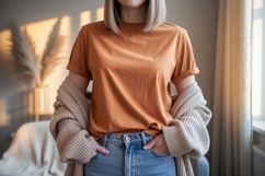 Orange shirt blue jeans cardigan image Product Image 1