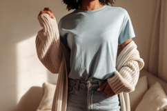 Woman wearing blue t shirt and cardigan image Product Image 1