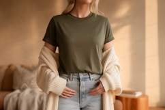 Olive green t shirt cream cardigan light denim tshirt Product Image 1