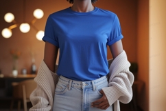 Woman wearing blue shirt and cardigan casual Product Image 1