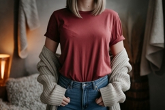 Woman wearing red shirt and cardigan blue Product Image 1