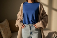 Blue shirt beige cardigan light jeans image Product Image 1