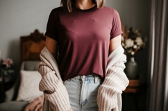 Maroon shirt light jeans beige cardigan image Product Image 1