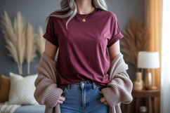 Maroon shirt with cardigan and jeans mockup Product Image 1