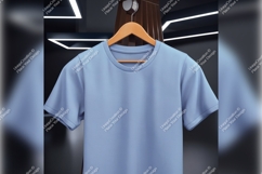 Light Blue Tshirt Mockup Hanging On Wooden Hanger Product Image 1