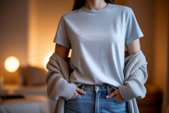 Light gray t shirt mockup with cardigan blue Product Image 1