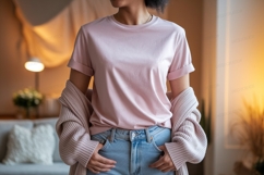 Pink shirt blue jeans casual outfit image Product Image 1