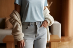 Light blue shirt cream cardigan denim jeans image Product Image 1