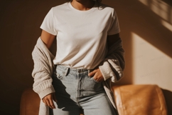 Woman wearing white t shirt and jeans image Product Image 1