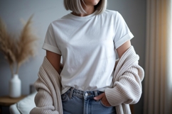 Woman wearing white t shirt and beige cardigan image Product Image 1