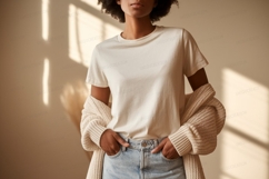 Woman wearing cream t shirt and cardigan image Product Image 1