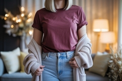 Maroon t shirt light denim jeans cardigan image Product Image 1